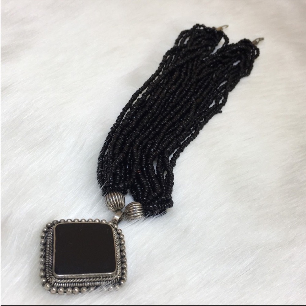 Vintage Tribal Bead Necklace with Silver & Onyx Pendant - Picture 5 of 8